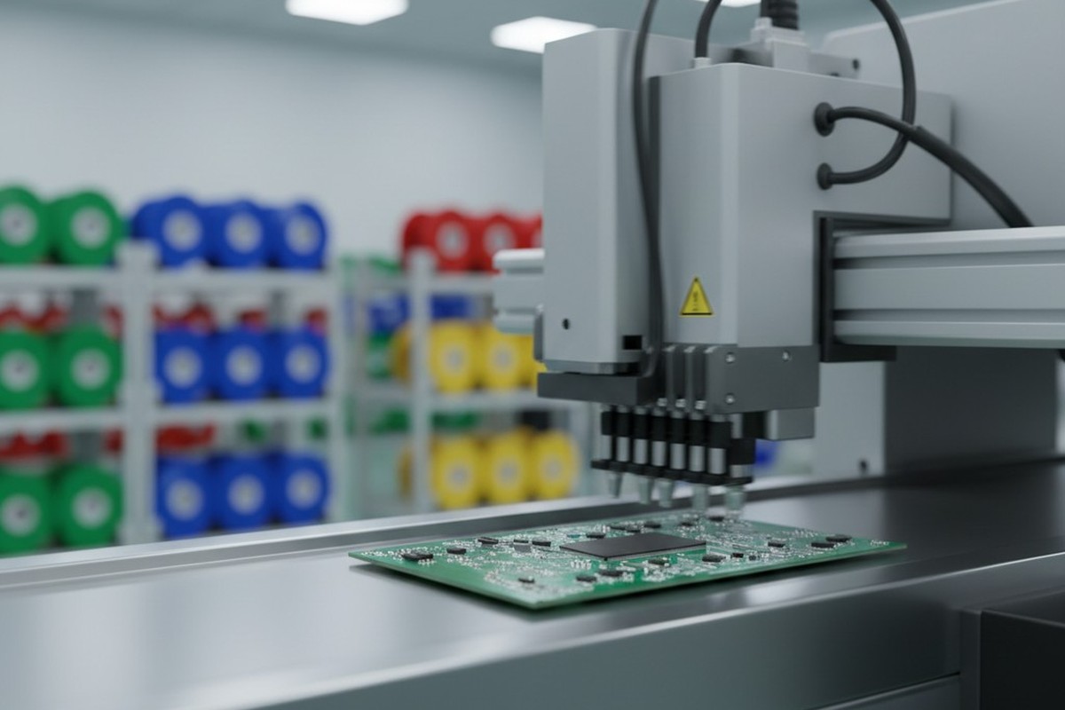 A printed circuit board sits on a stainless steel conveyor belt while a pick-and-place machine operates with motion blur in the background of an electronics factory.