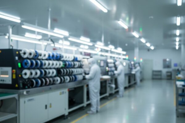 A softly-focused view of the interior of an electronics manufacturing facility, showing a long SMT pick-and-place machine under cool fluorescent lighting.