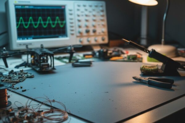 An electronics workbench is seen at an angle with a shallow depth of field, focusing on an empty central workspace. Blurry tools, wires, and an oscilloscope surround the focused area.