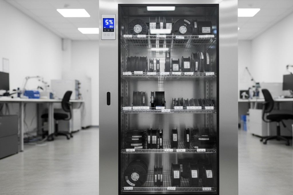 ตู้แห้งสำหรับเก็บชิ้นส่วนที่อ่อนไหวต่อความชื้น ตู้แห้งอิเล็กทรอนิกส์แบบมืออาชีพพร้อมประตูแก้ว ซึ่งแสดงม้วนของชิ้นส่วนที่เก็บอยู่ด้านใน หน้าจอแสดงระดับความชื้นต่ำ