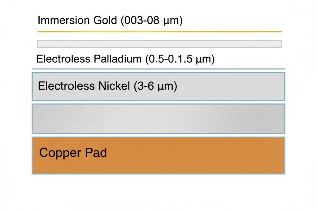 ภาพตัดขวางของโครงสร้างชั้น ENEPIG แผนภาพชัดเจนแสดงให้เห็นถึงการตัดขวางของแผ่น PCB ที่มีพื้นผิว ENEPIG ชั้นต่าง ๆ ได้รับการระบุจากด้านล่างขึ้นบน: แผ่นทองแดง, นิเกิลแบบไม่มีการใช้น้ำยา (3-6 µm), แพลเลเดียมแบบไม่มีการใช้น้ำยา (0.05-0.15 µm), และทองคำจุ่ม (0.03-0.08 µm)