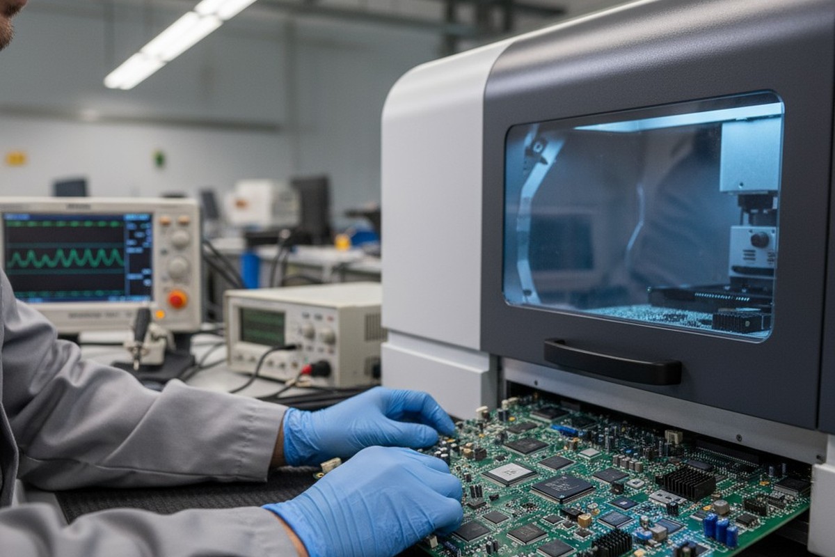 An engineer wearing blue anti-static gloves carefully places a complex printed circuit board onto the tray of an automated x-ray inspection machine in a lab.