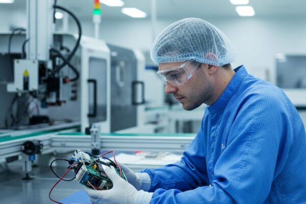 Right-Sizing Lot Traceability for Medical Assemblies A quality control engineer wearing a blue cleanroom gown and safety glasses closely inspects a complex electronic medical device on a workbench.