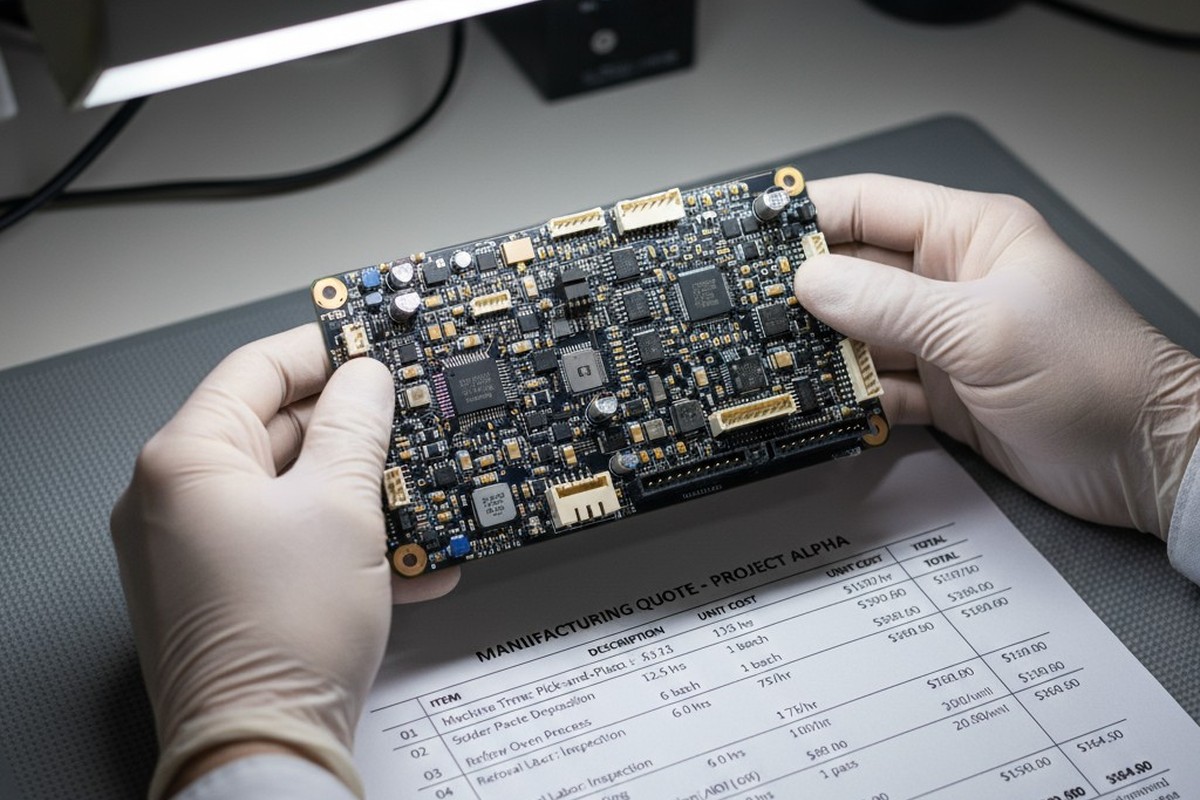 An engineer's hands hold a complex printed circuit board assembly over a detailed price quote document on a clean workbench.
