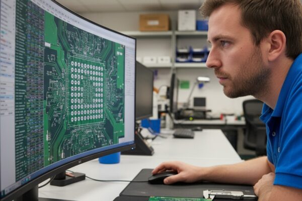 An electronics engineer in a blue polo shirt sits at a workstation, comparing a complex circuit board design on a large monitor to a physical green PCB on the desk.