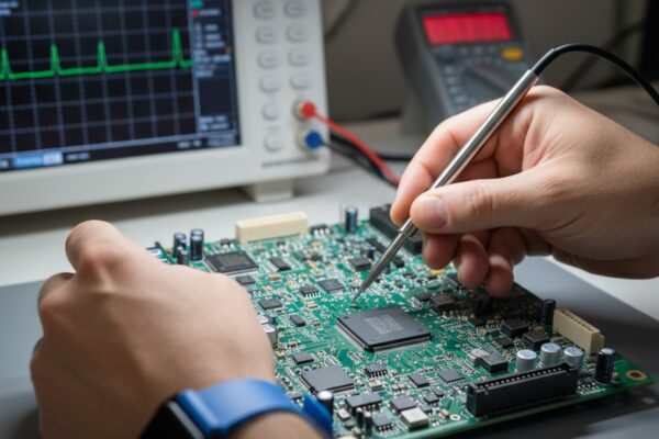 An engineer's hands, wearing a blue anti-static wrist strap, use probes to test a complex circuit board on a workbench with electronic equipment in the background.