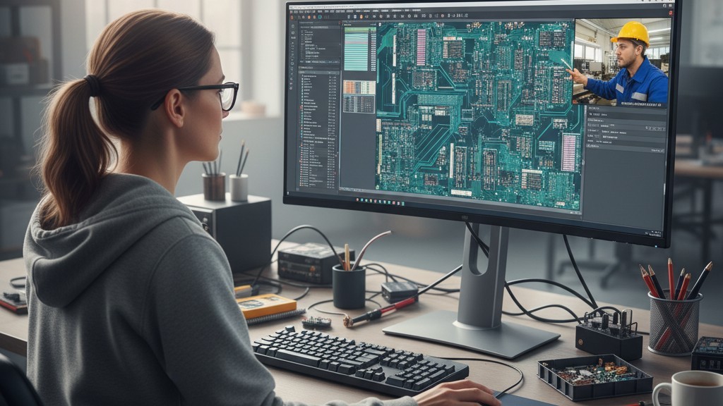 An over-the-shoulder view of an engineer looking at a computer screen that displays a complex circuit board layout. A video call in the corner shows another engineer pointing at the shared design.
