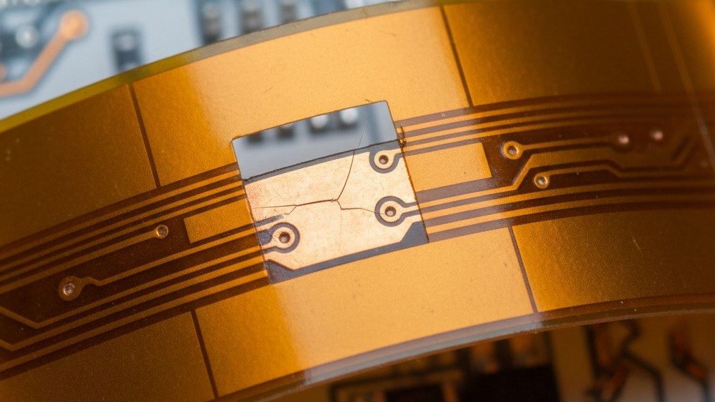 A highly magnified view of a copper trace on a flexible circuit. A hairline crack is visible in the copper, starting exactly at a sharp 90-degree corner of the amber polyimide coverlay.