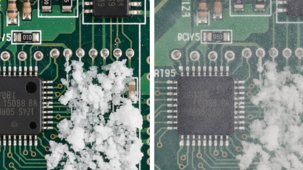 A split image comparing two circuit boards. The left shows localized, crusty white flux residue around solder joints. The right shows a widespread, uniform hazy film from a bad wash.