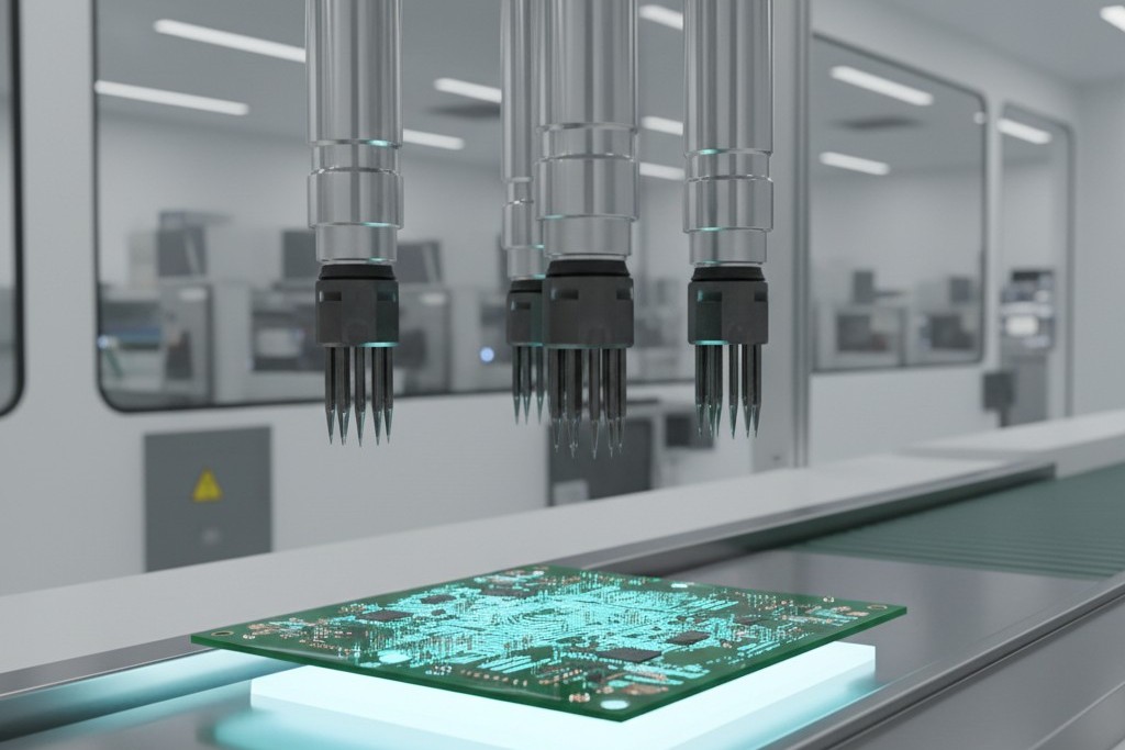A close-up of a flying probe test machine with four robotic arms. Each arm has a fine metal needle pointing down at a complex green printed circuit board mounted in the machine.
