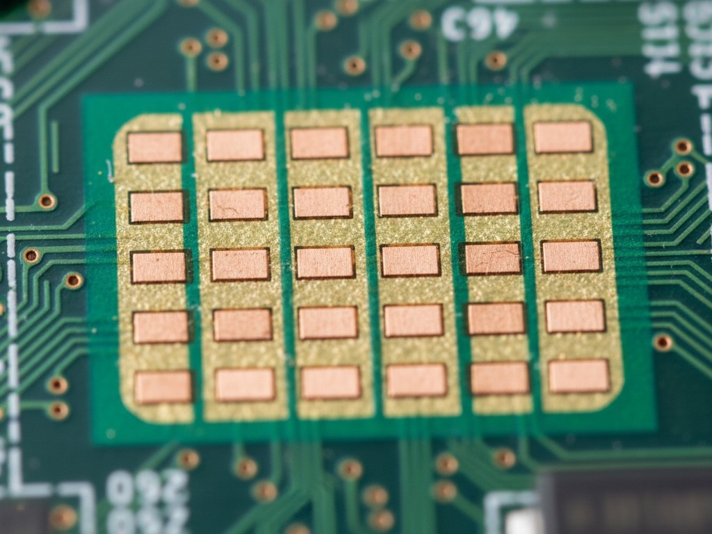 Close-up of a PCB footprint where individual solder mask dams are missing, leaving a single large opening around the pads.