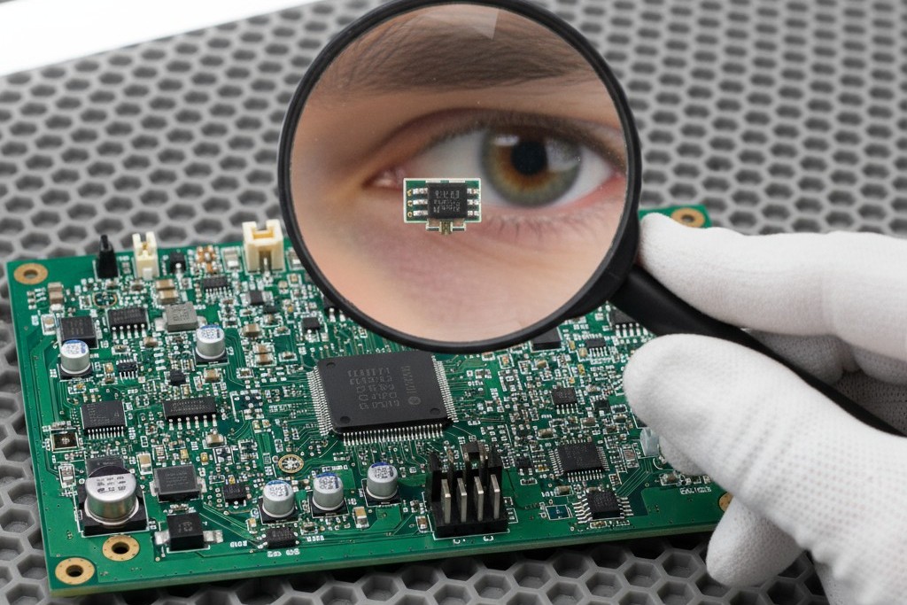 Inspecting the Golden Sample for Production Lock-In A technician wearing gloves carefully inspects a perfect 'golden sample' PCB under a magnifying lamp.
