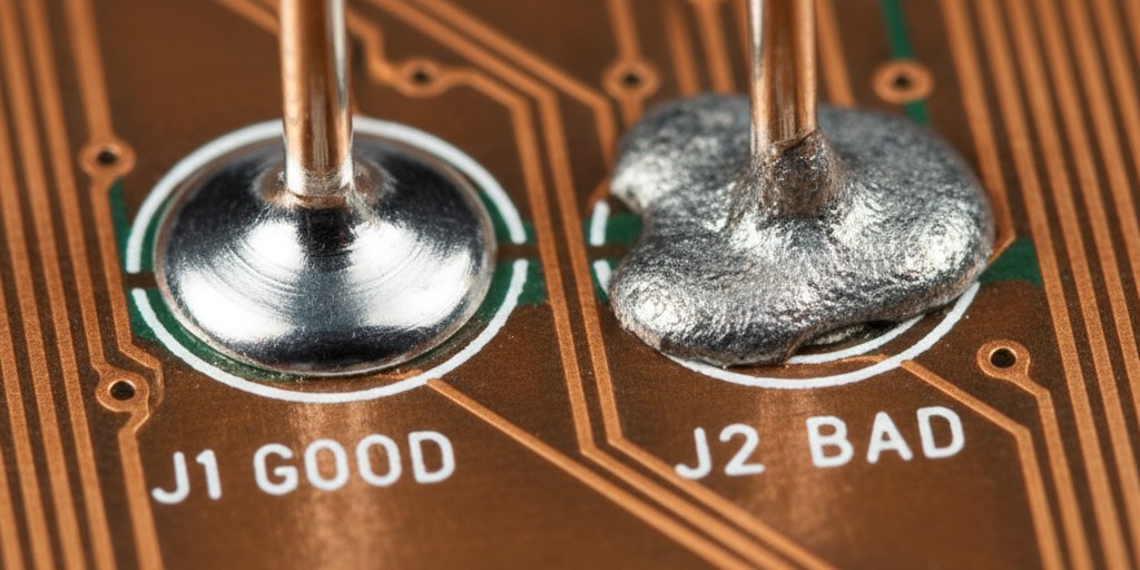 Comparison of a Healthy Solder Joint and a Cold Joint on a Heavy Copper PCB A macro photo comparing a shiny, well-formed solder joint with a dull, grainy cold solder joint on a thick copper circuit board.