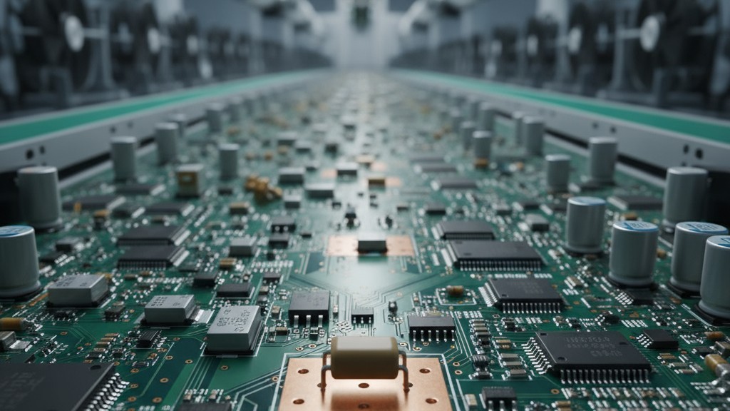 A close-up of a tiny electronic component on a circuit board, with a halted factory assembly line blurred in the background.