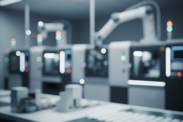 A soft-focus background image of a clean, high-tech electronics manufacturing facility. Robotic arms and machinery are visible but heavily blurred with significant bokeh effect.