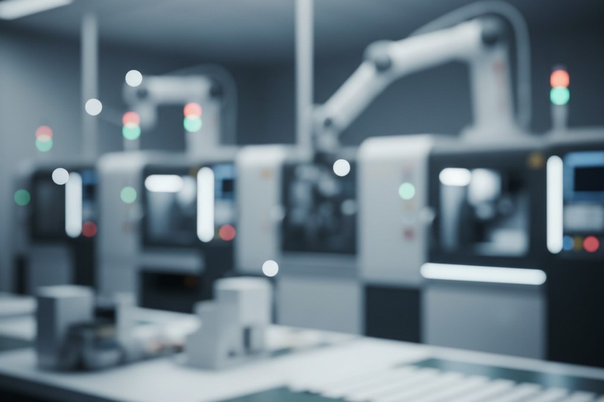 A soft-focus background image of a clean, high-tech electronics manufacturing facility. Robotic arms and machinery are visible but heavily blurred with significant bokeh effect.
