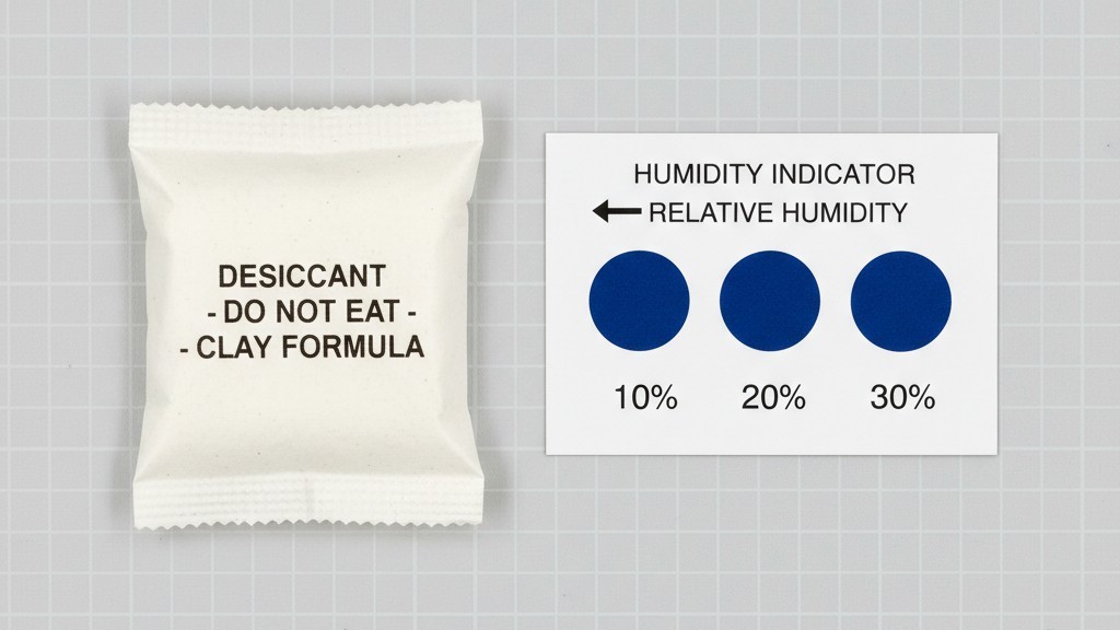A small paper desiccant packet and a humidity indicator card with three blue circles sit next to each other on a clean, anti-static surface, ready for packaging.