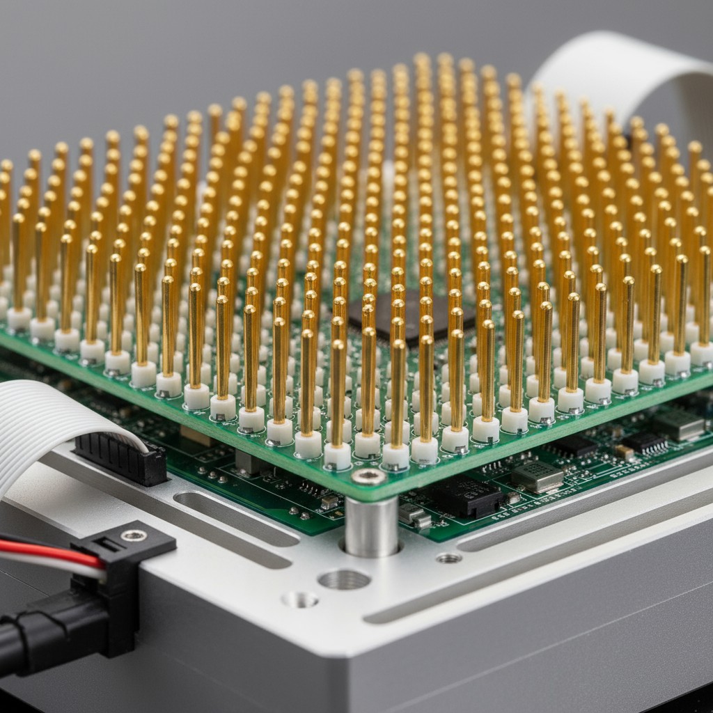 The Mechanical Complexity of a Custom ICT Fixture A detailed close-up of an in-circuit test fixture, often called a 'bed of nails,' showing hundreds of spring-loaded pogo pins.