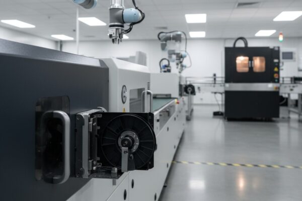 A modern electronics assembly line is stopped, with a robotic pick-and-place machine frozen mid-action over an empty component feeder slot.