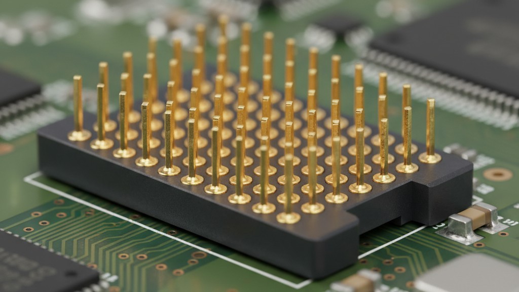 Industrial Connector Interface Macro photography of a multi-pin electronic connector mounted on a green circuit board.