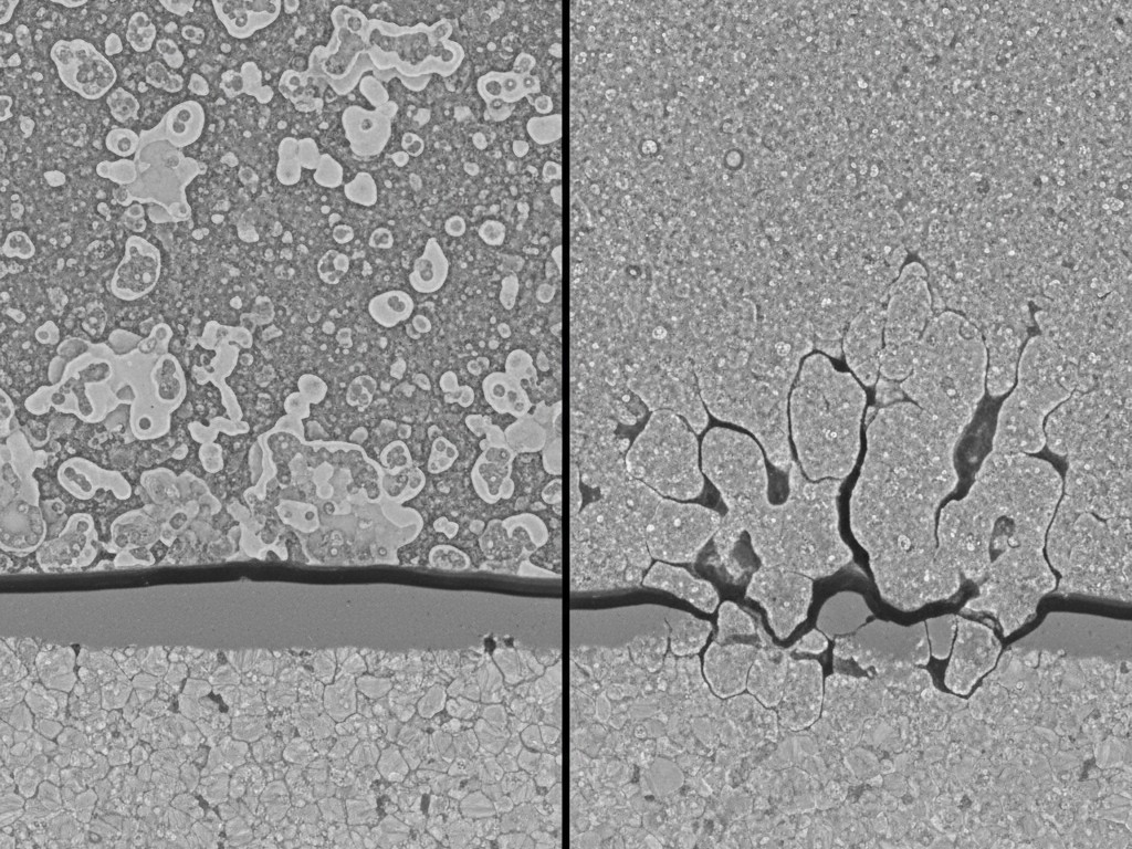 A split-screen micrograph showing a cross-section of two solder joints. The lead-free joint on the right shows a thicker, more irregular intermetallic layer compared to the thinner, more uniform layer in the leaded joint on the left.