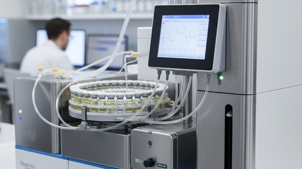 A modern Ion Chromatography machine in a clean laboratory, used for precise chemical analysis of contaminants on circuit boards.