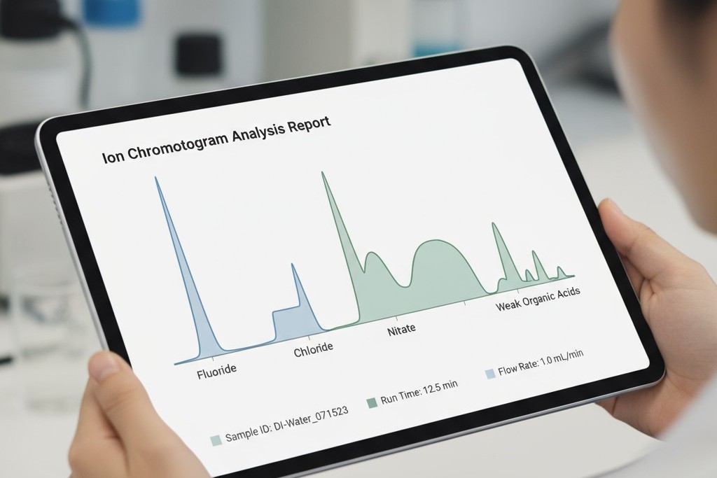 A sample graph from an Ion Chromatography test, showing peaks that identify specific ionic contaminants like chlorides and weak organic acids.