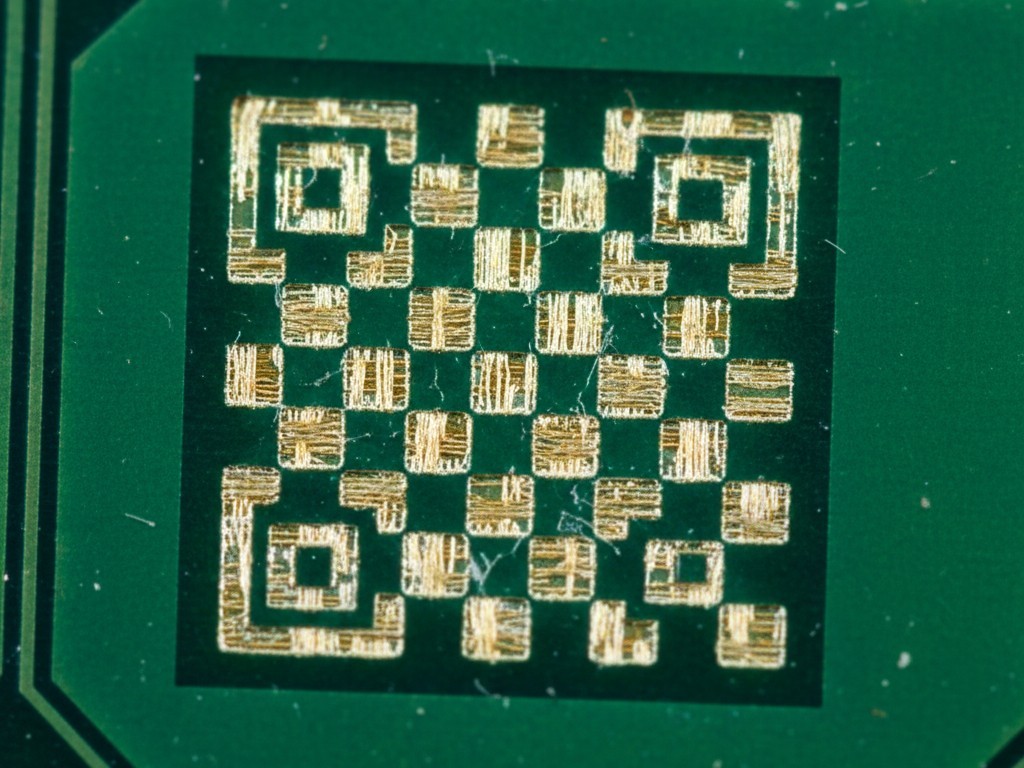 A macro photograph of a Data Matrix code etched by a laser onto a green circuit board. The precise etching reveals the light-colored substrate, creating a sharp, permanent mark.