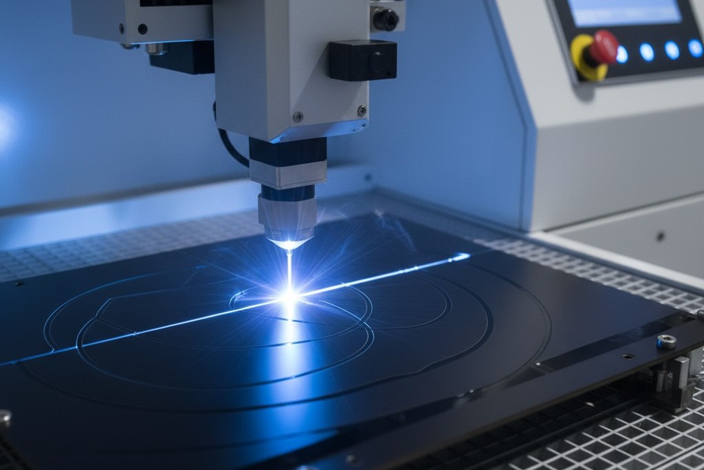 A laser beam precisely cutting an intricate circuit board from a larger panel inside a manufacturing machine.