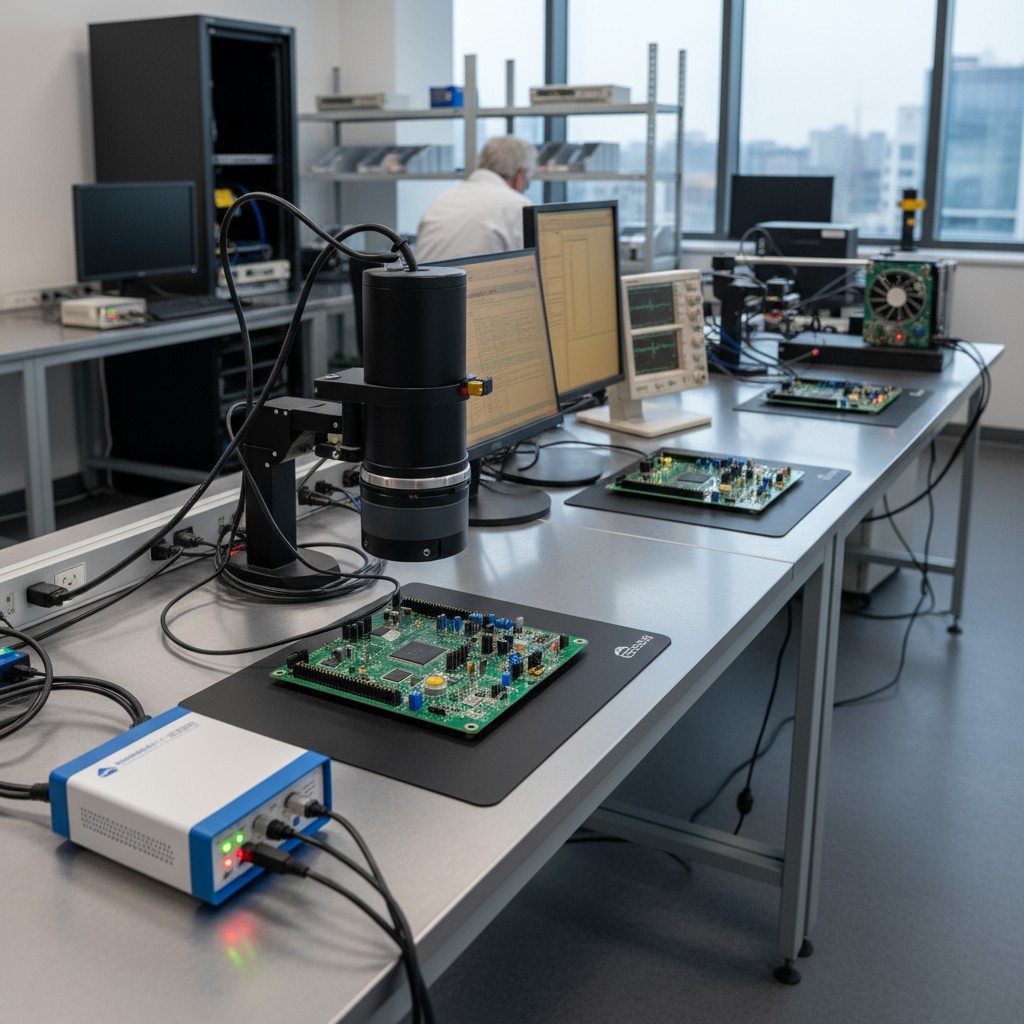 The Sequential Workflow of an Alternative Test Strategy A modern electronics test bench showing the stages of a layered test strategy, from boundary scan to a final functional test.