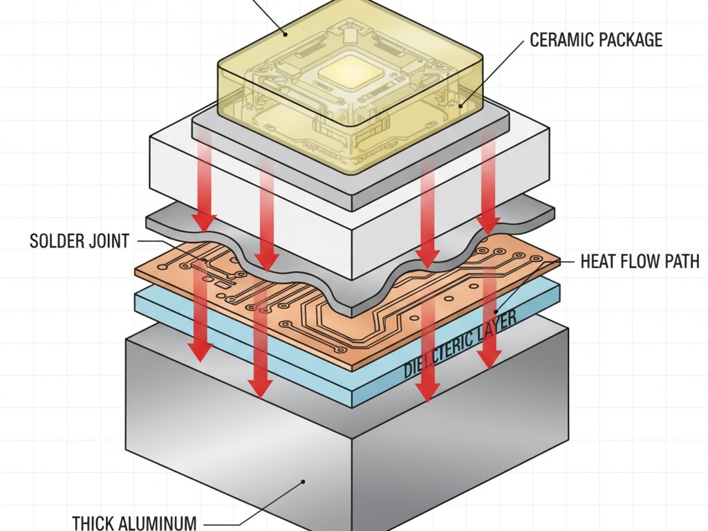 Cross-Section of an LED's Thermal Stack A diagram showing the layers heat must travel through from an LED die to the MCPCB base, including the die, solder, and dielectric.