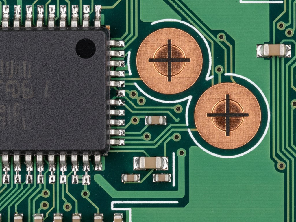 A close-up of a PCB shows a black integrated circuit. Diagonally opposite each other near the chip are two small, circular copper fiducial marks used for precise local alignment.