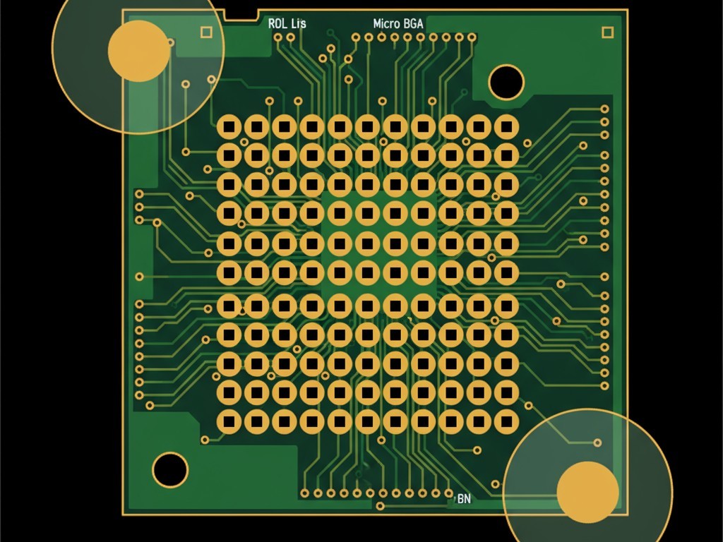 ตำแหน่ง Fiducial ท้องถิ่นสำหรับ micro-BGA มุมมองด้านบนของเลย์เอาต์ PCB ที่แสดงถึงรูปร่างของ micro-BGA พร้อมเครื่องหมาย Fiducial ท้องถิ่นสองจุดวางในแนวทแยงกัน