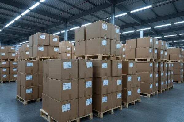 A wide-angle view of a modern logistics warehouse filled with high stacks of plain brown cardboard boxes on wooden pallets. Harsh overhead lights create long shadows on the concrete floor.