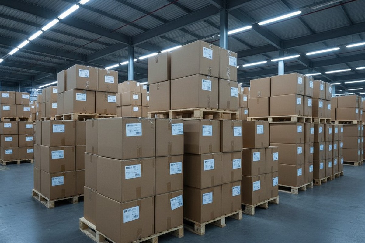 A wide-angle view of a modern logistics warehouse filled with high stacks of plain brown cardboard boxes on wooden pallets. Harsh overhead lights create long shadows on the concrete floor.