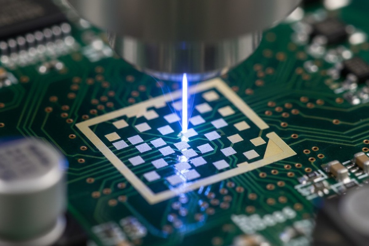 A close-up macro shot of a blue laser beam precisely etching a square data matrix code onto the green surface of a printed circuit board, creating small white squares.