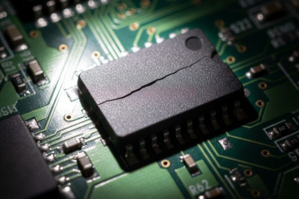 A close-up macro view of a black surface-mount electronic component on a green circuit board, showing a fine hairline crack on its plastic surface.