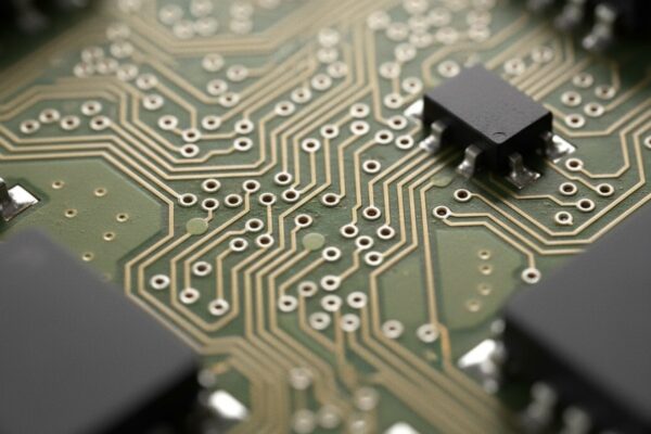 A top-down extreme macro photograph of a green printed circuit board, with a shallow depth of field focusing on intricate copper traces and a few blurred surface-mount components.