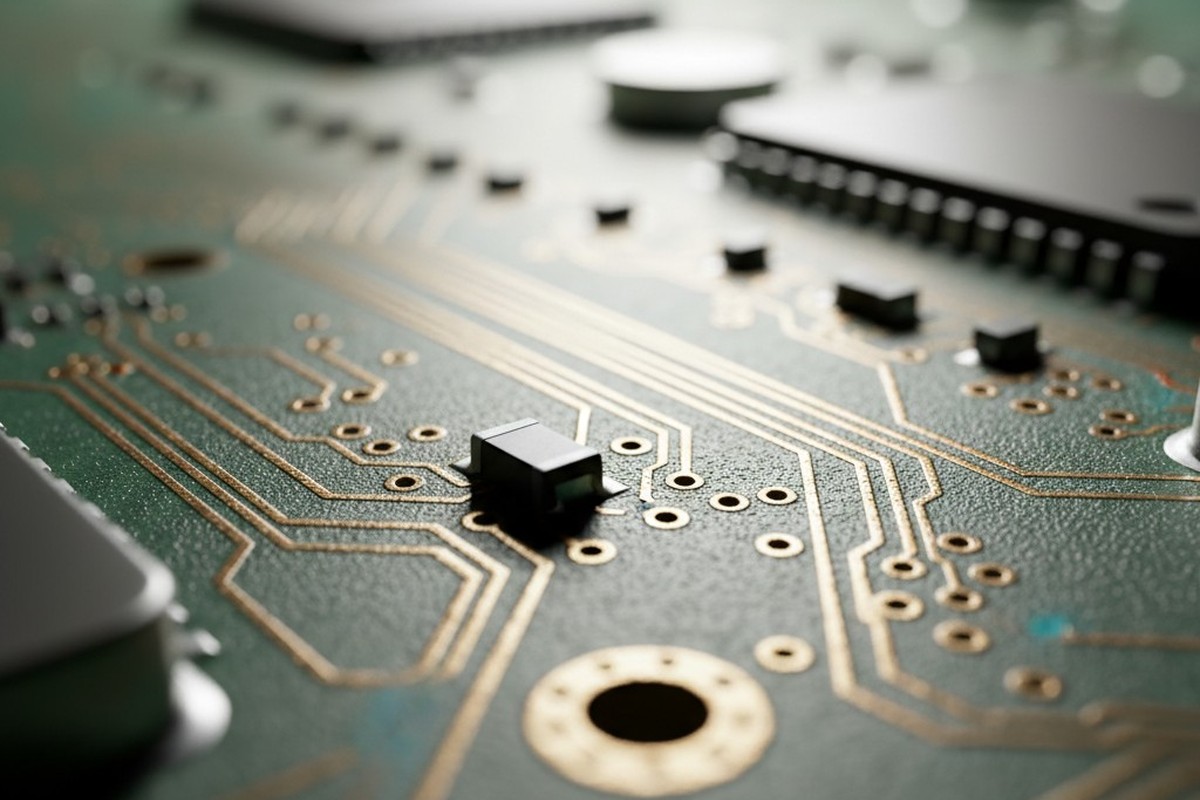 An extreme close-up photograph of a green printed circuit board, with sharp focus on gold-plated pads and the fine texture of the fiberglass substrate.