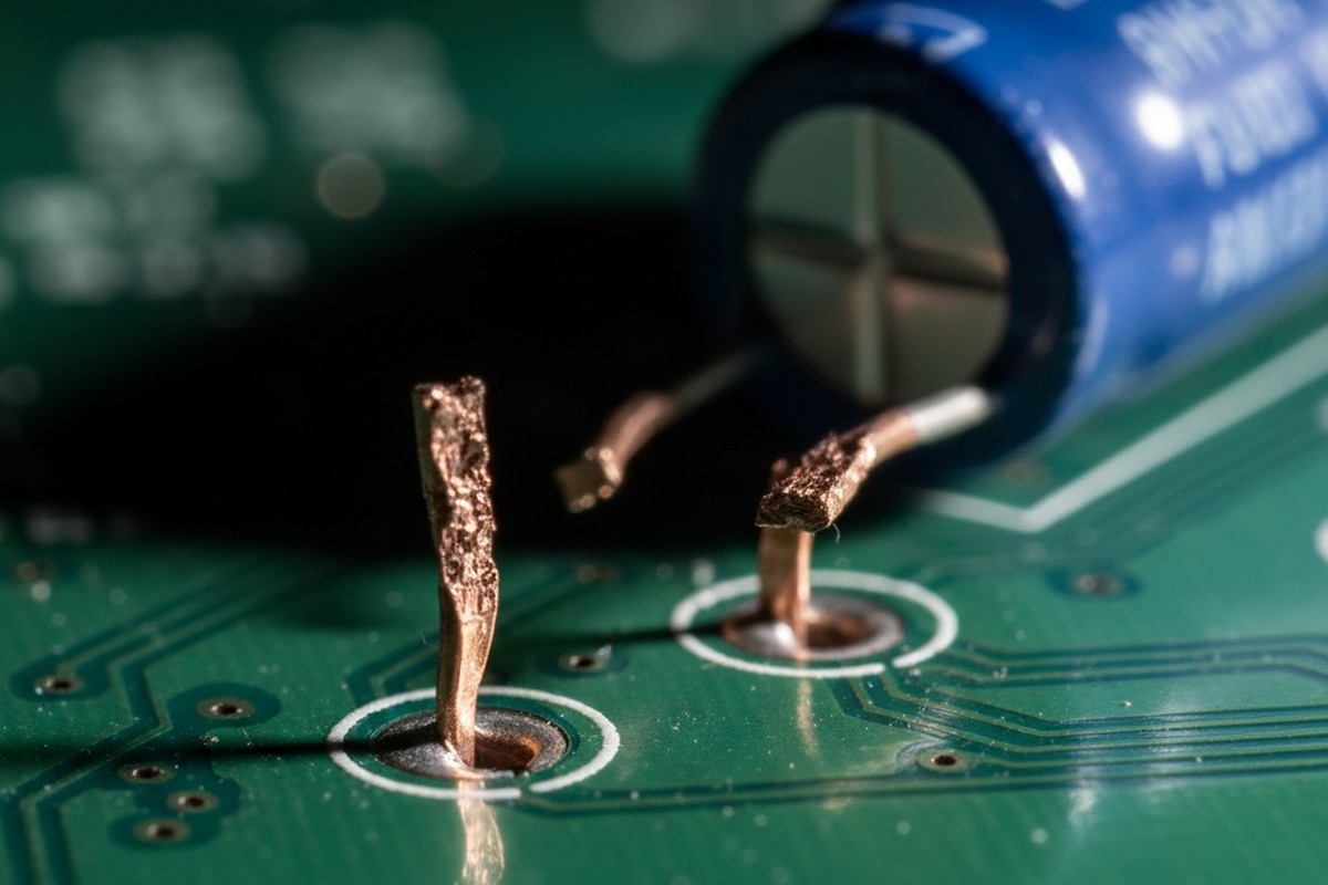 A high-magnification macro photograph shows a large cylindrical capacitor broken loose from a green circuit board, its two copper leads sheared off at the solder pads.