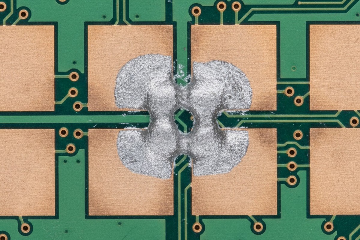 An extreme close-up, top-down view of a green printed circuit board shows a gray solder paste bridge that has formed between two adjacent copper pads, illustrating a cold slump defect.