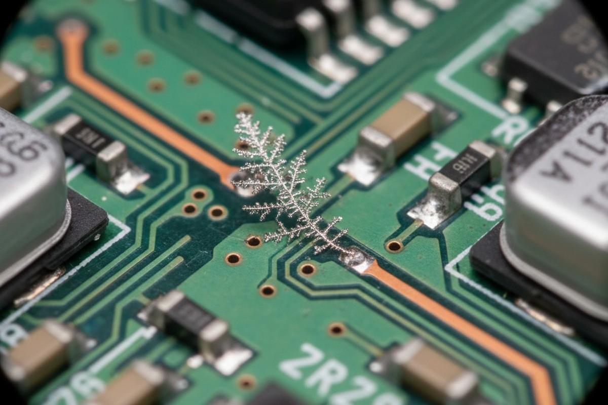 An extreme macro photograph shows a fern-like tin dendrite growing between two copper traces on a green printed circuit board, illustrating electrochemical migration.
