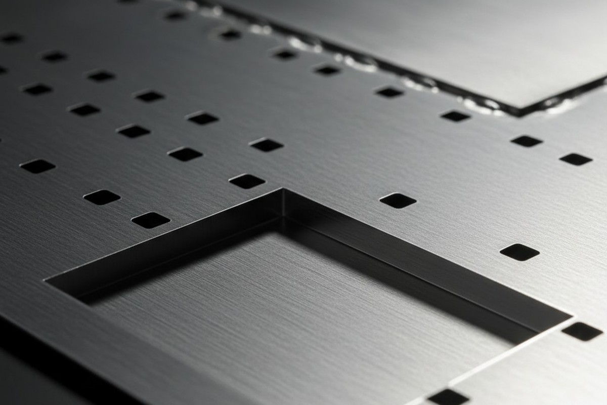 A macro photograph of a stainless steel electronics stencil, showing precisely etched pockets of varying thickness. A low angle and hard side light highlight the laser-cut edges and texture of the metal.