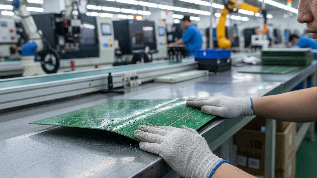 Despanelización manual de un panel de PCB Las manos de un trabajador aplican fuerza a un gran panel de electrónica, doblándolo sobre la esquina de un banco de trabajo para dividirlo en placas de circuito más pequeñas.