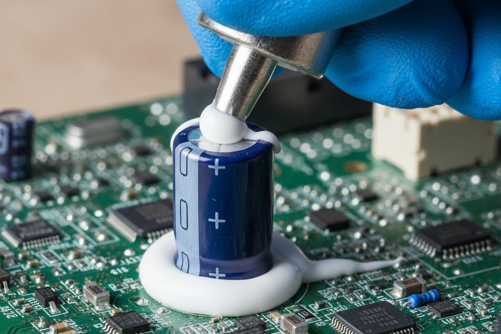 A technician's gloved hand applies a thick, uneven bead of white silicone adhesive around the base of a large capacitor on a circuit board.