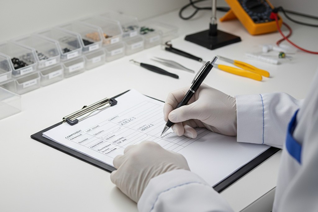 A technician in a workshop carefully writes down a component lot number onto a paper batch record form on a clipboard.