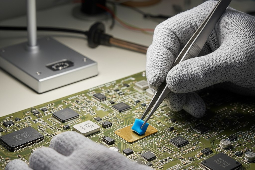 A technician's hands carefully placing small, brightly colored silicone boots over test pads on a circuit board before the coating process.