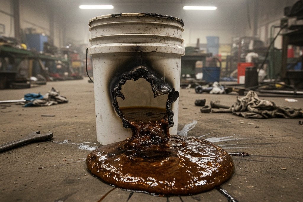 Cubeta derretida después de la falla por exothermia del epoxi Un gran cubo de plástico blanco se encuentra sobre un piso de cemento, su lado se ha derretido donde una masa de epoxi oscuro y endurecido ha quemado a través y solidificado en un charco.