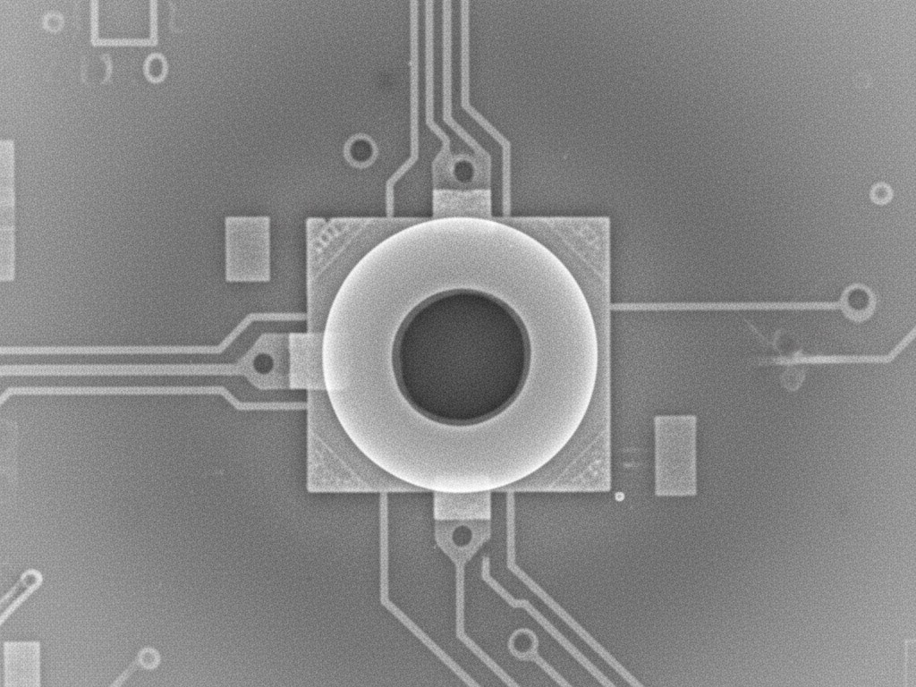 ภาพรังสีเอกซ์ของโพรงอากาศในรอยต่อบัดกรีไมโคร-BGA ภาพรังสีเอ็กซ์ของลูกบอลบัดกรี micro-BGA ที่มีจุดมืดขนาดใหญ่อยู่ภายใน ซึ่งแสดงให้เห็นถึงโพรงอากาศ ซึ่งเป็นสาเหตุทั่วไปของความล้มเหลวของการเชื่อมต่อ