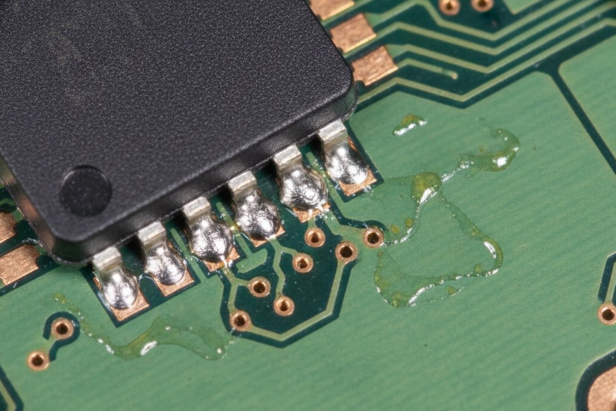 A top-down, high-magnification view of a black square microchip component misaligned on a green printed circuit board. Several solder points are visibly bridged together, and yellowish flux residue surrounds the area.